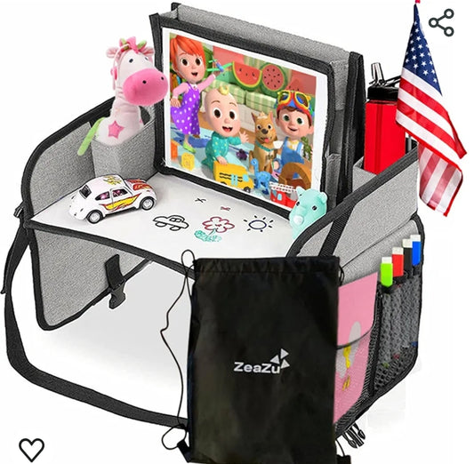 Kids Travel Tray with Bag - Toddler Car Seat Tray, Foldable Lap Travel Table Desk with iPad Holder, Drawing Board, Storage Pocket Organizer for Child Road Trip, Car Stroller, Airplane